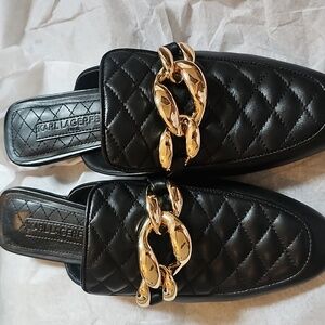 Karl Lagerfeld Black Quilted Loafers with Gold Accent